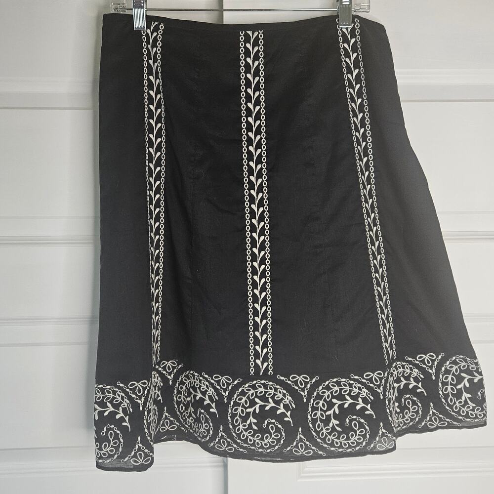 Ann Taylor Black Embroidered Linen Cotton Skirt Vine Boho Cottage Size 10